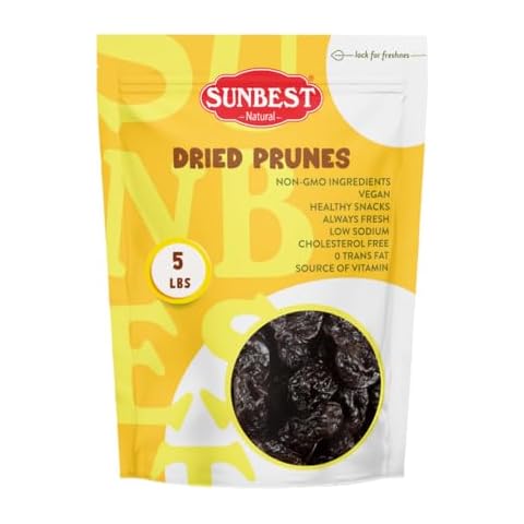 Sunbest Natural Jumbo Pitted Prunes 80 Oz (5 lbs) 1 Pack - Tender, Succulent, Nutrient, Rich Snack - Fiber & Antioxidants Source - Kosher Certified - Ideal for Snacking & Cooking - Long Lasting Freshness Cover