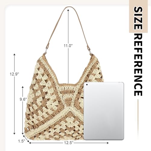 Image of Straw Hobo Bags for Women Vintage Straw Tote Bag Summer Beach Shoulder Bag Designer Beach Bag Summer Handbag (Khaki-adjustable Strap)