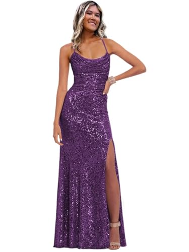 Image of Stylefun Women's Halter Mermaid Prom Dresses with Slit Long Sequin Formal Cocktail Party Dress STN027