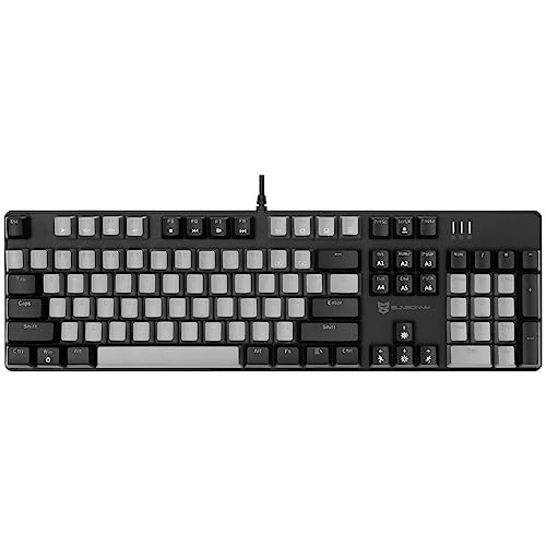 Qisan Teclado mecânico para jogos, teclado com fio, retroiluminação LED, preto e cinzento, 104 teclas, design americano, teclado para jogos com interruptor azul removível