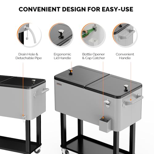 VINGLI 80 Quart Rolling Ice Chest on Wheels, Portable Patio Party Bar Drink Cooler Cart, with Shelf, Beverage Pool with Bottle Opener,Water Pipe (Gray) - Thumbnail 5