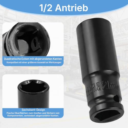 3 Stück Schlagschrauber Nüsse 1/2 Zoll Set, 17-19-21mm Schlagnuss Set, Kohlenstoffstahl Schonnüsse Kraft Schoneinsatze mit Felgenschutz für Reifen Wechseln, Radwechsel Schlagnuss 78mm Länge