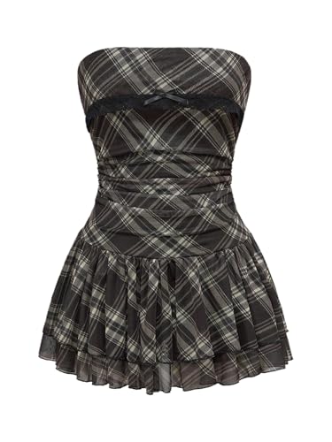 SOLY HUX Women's Y2K Plaid Strapless Mini Dress - Retro Pleated A-Line Flowy Summer Dress