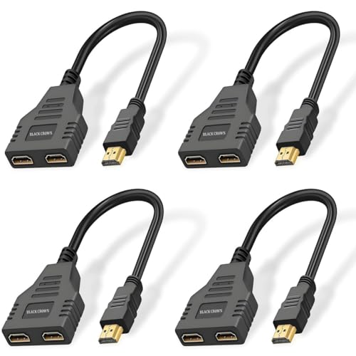Image of BLACK CROWN HDMI Cable Splitter, HDMI 1x2 Splitter Cable, HDMI Cable Splitter 1 in 2 Out HDMI Splitter Adapter, HDMI Male to Dual HDMI Female 1 to 2 Way for HDMI HD, LED, LCD, TV. Black (Pack of 4)