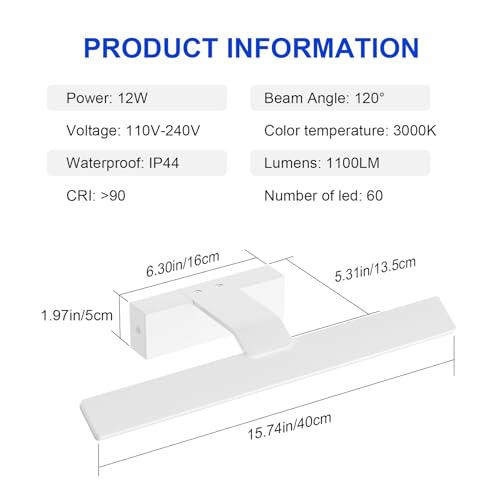 Klighten Spiegelleuchte Bad LED 40cm 12W, Spiegellampe Bad IP44, Badezimmer Lampe Wand Aluminium Badleuchte Badlampe Wand, 60 LEDs, 1100 Lumen, Warmweiß 3000K, Weiß – Bild 6