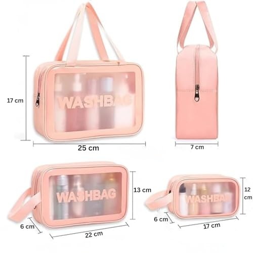 Image of KUKLAR Wash Bag Pouch for Travel Kit Toiletry Bag Cosmetic Bag Make Up Box for Brushes, Accessories with Handle, Large Capacity Translucent Waterproof Travel Storage Organizer Set of 3 (Pink)