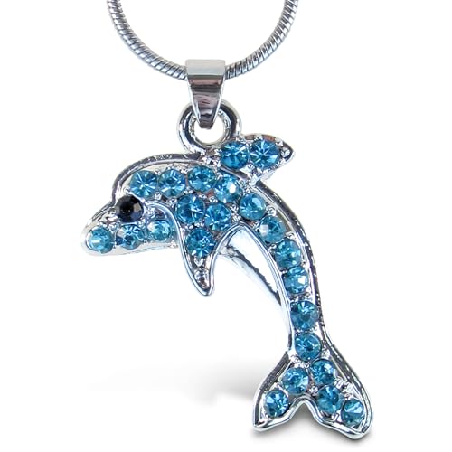 Puzzled Silver Dolphin Necklace - Charming Ocean Themed Jewelry Necklace with Sparkling Rhinestone Crystals, Cute Silver Jewelry with Blue Dolphin Pendant - 18 Inches