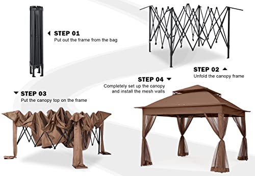 COOSHADE 11x11Ft Easy Pop Up Gazebo Tent Instant Outdoor Canopy Shelter with Mosquito Netting Walls(Brown) - Thumbnail 6