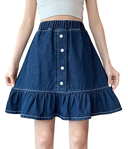 CHARTOU Women Denim Jean A Line Skirt Above Knee Flared Ruffle Skirt Button Elastic Waist Pleated Jean Skirt