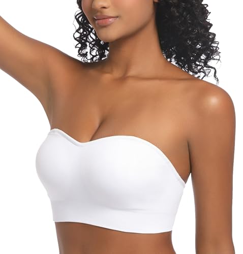 PRETTYWELL Strapless Bra for Women Comfort Non-Slip Seamless Padded Bandeau Bras Wireless Tube Top Bra with Multi-Way Straps White