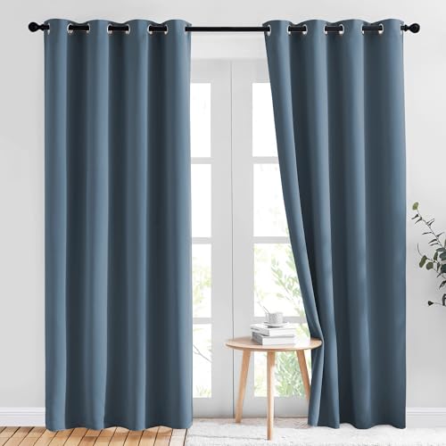 NICETOWN Smoky Blue Blackout Curtains for Living Room 84 inches Long - Grommet Room Darkening Window Treatments Sound Reducing Drapes for Bedroom, 2 Panels, W52 x L84