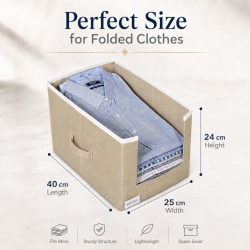 Image of VERVENIX Shirt Stacker Set of 2, Non Woven Foldable Clothes Storage Organizer with Handle, Wardrobe Closet Organizer, Space Saving Cloth Organizer for T-Shirts, Shirts, Jeans, Beige