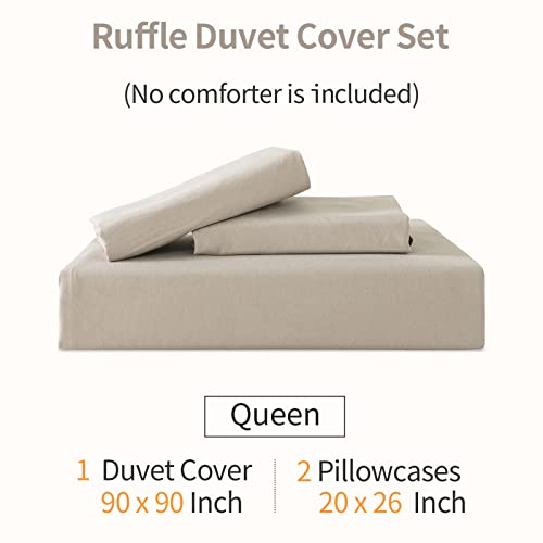 Andency Khaki Duvet Cover Queen(90X90Inch), 3 Pieces(1 Ruffled Duvet Cover And 2 Pillowcases) Farmhouse Shabby Chic Duvet Cover, Soft Microfiber Duvet Cover Set With Zipper Closure & Corner Ties #TOP1