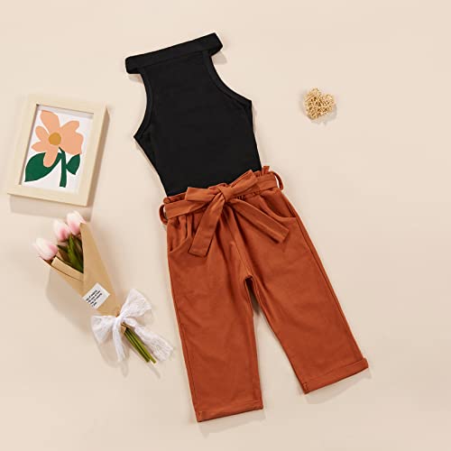 2Pcs Toddler Baby Girl Sleeveless Cold Shoulder Vest Shirt Top + Cargo Pants With Waistband Clothing Tracksuit Sets (Black Brown, 5-6 Years) #TOP5