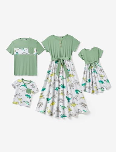 Image of PATPAT Family Matching Dresses Dinosaur Print Short-Sleeve Belted Jade Green Women L