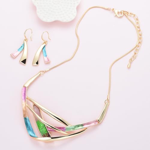 Retro Women's Crystal Floral Petal Leaf Chunky Statement Necklace and Earrings Set Party Jewelry3