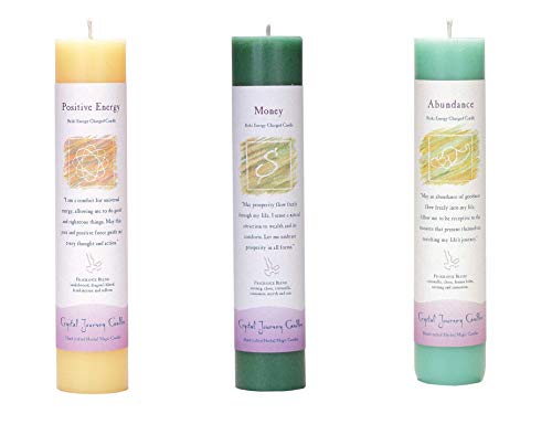 Crystal Journey Reiki Charged Herbal Magic Pillar Candle with Inspirational Labels - Wealth and Health Bundle of 3(Positive Energy Money Abundance) Each 7x1.5 (1)