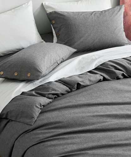 Image of JELLYMONI 100% Washed Cotton Dark Gray Duvet Cover King, Linen-Like | OEKO-TEX Certified, Soft, Breathable Percale Bedding with Natural Wrinkle Texture, Button Closure, 3-Piece Set, 104 inchx90 inch
