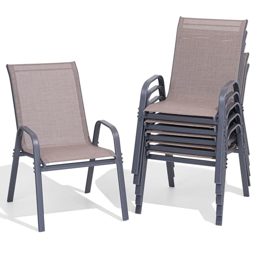 Outdoor Dining Chairs Set of 6: Stylish, Durable Seating for Any Patio 5 Dovov Patio Chairs Set of 6, Easily Set Up Stackable Outdoor Dining Chairs with High Back and Wide Seat, All Weather Breathable Outdoor Chairs Set of 6 with Metal Frame for Backyard Deck Pool, Brown