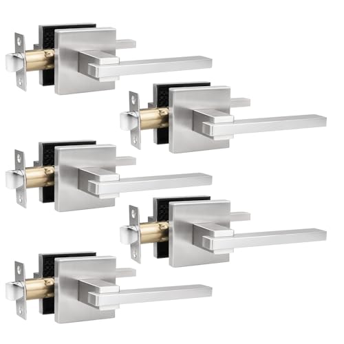 Image of Orger 5 Pack Nickel Passage Door Lever Interior Door Handle for Hallway and Closet, Square Passage Door Lever Lock Set, Reversible for Right & Left Sided Doors Modern Style