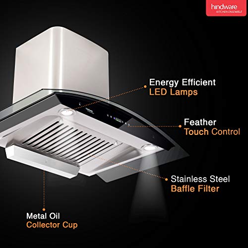 Image of Hindware Smart Appliances | Nevio 90 cm Chimney | 1200 CMH | Curved Glass | Auto Clean | Touch with Gesture Control | 10 Yrs Warranty on Motor & 2 Yrs on Product (1 Baffle Filter, Steel /Grey)