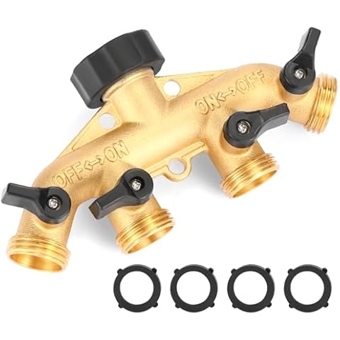 Sanpaint 4 Way Heavy Duty Brass Garden Hose Splitter, Hose Connector 3/4", Hose Spigot Adapter with 4 Valves Cover