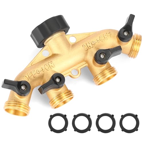 Sanpaint 4 Way Heavy Duty Brass Garden Hose Splitter, Hose Connector 3/4', Hose Spigot Adapter with 4 Valves