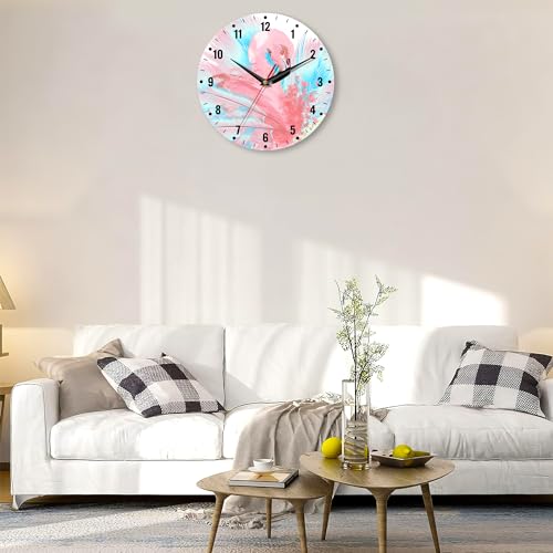 SPUNKER Wall Clocks,Pink Flamingo 10 Inch Wall Clock,Abstract Blue Feathers Small Battery Operated Wall Clocks Decorative for Kitchen/Living Room/Bedroom/Bathroom/Dining Room — view 6