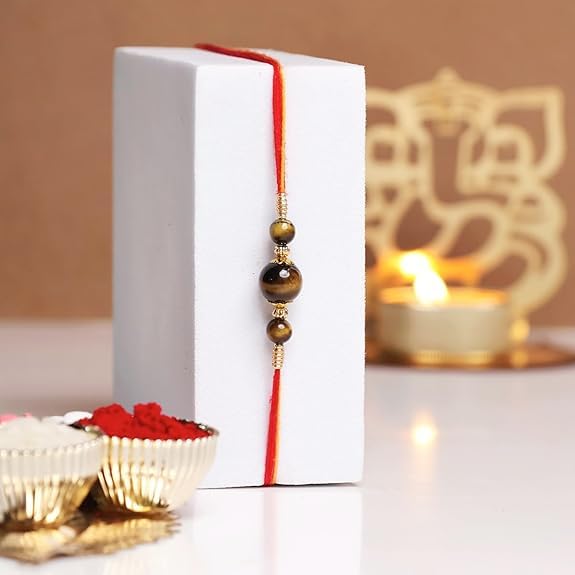 Image of Shubhanjali Crystal Beads Rakhi for Brother | Handmade Healing Crystal Stone Designer Rakhi for Bhaiya | Raksha Bandhan Gift Set with Roli Chawal, Kumkum, Greeting Card & Potli