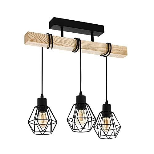 Suspension industrielle en bois 3 lumières cage noir E27