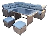 7 Seater Aluminium Rattan Corner Sofa Set with Dining Table and Footstools – Garden Lounge Set with Thick Cushions – Outdoor Patio Dining Furniture