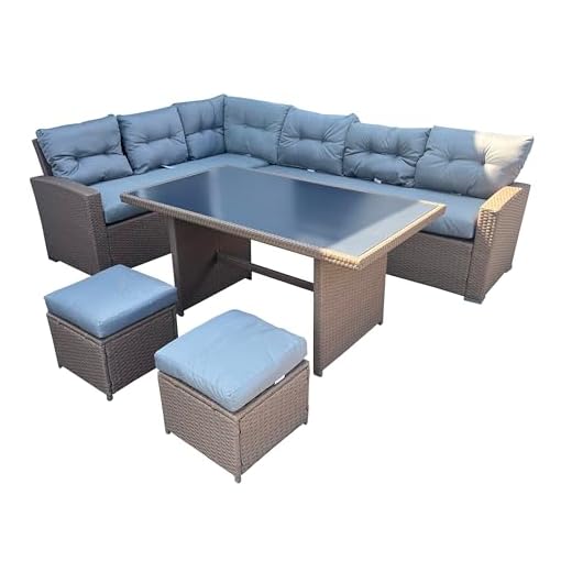 7 Seater Aluminium Rattan Corner Sofa Set with Dining Table and Footstools – Garden Lounge Set with Thick Cushions – Outdoor Patio Dining Furniture