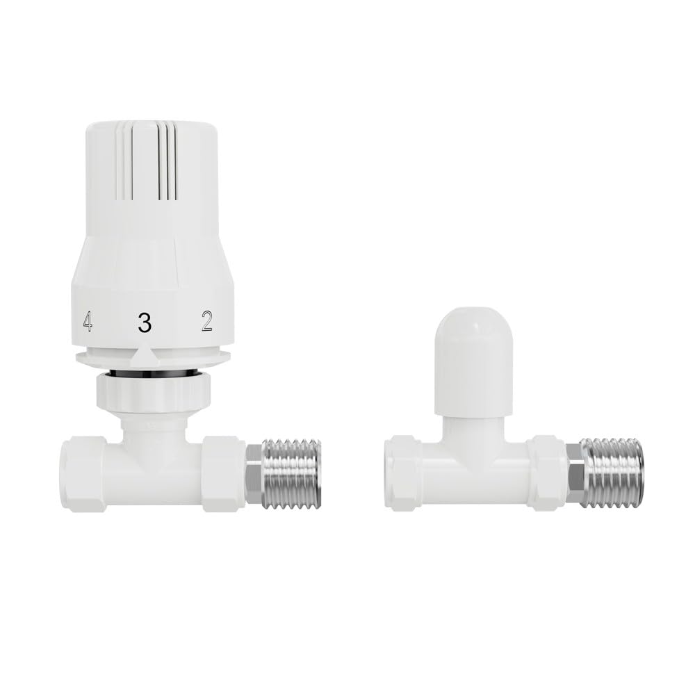 Warmehaus White Straight Thermostatic Radiator Valve Trv + Lockshield 15Mm