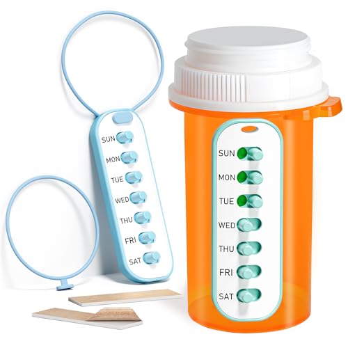 Odaro 2 Pack Pill Reminder, Lanyad or Sticker Pill Tracker, Work with Most Bottles, Reusable Medication Tracker Replacement of Vitamin Weekly (7 Day) Medicine Organizer