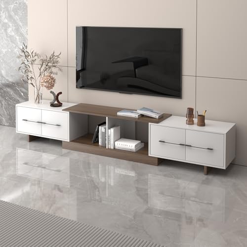 Extendable TV Stand, Modern TV Console for Up to 120 Inch TV, Entertainment Center with 4 Large Drawers & Open Shelf, Media Console for Living Room - White & Walnut (Extendable 74.80
