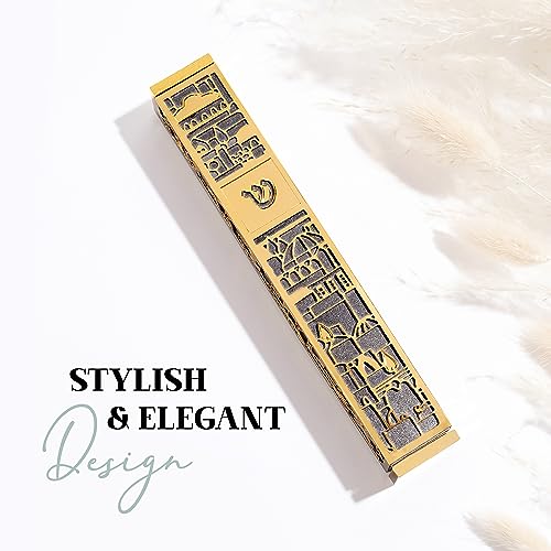 Suri Contemporary Mezuzah For Door - Gold And Gray 5" Mezuzah Case With Jerusalem Design - Includes Mezuzah Adhesive For Easy Installation - Jewish Gift Box & A Non-Kosher Scroll Are Included #TOP2