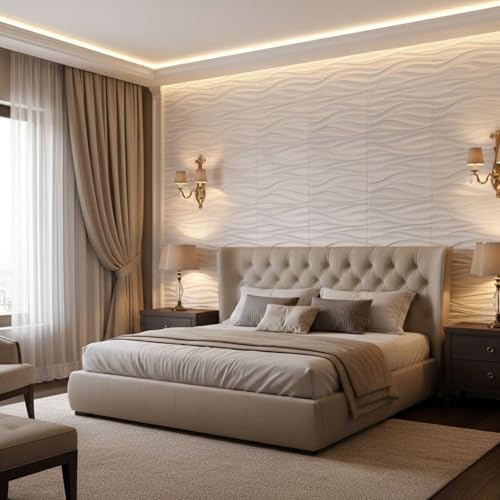 Image of Kayra Decor 3D PVC Wall Panels for Bedroom & Living Room | Wave Design | White Color | 19.7 x 19.7 Inch | Pack of 18 | 48.42 Sq Ft