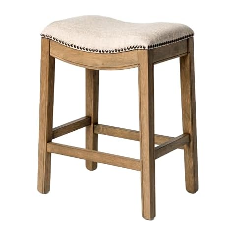 Maven Lane Adrien 26 Inch Counter Height Upholstered Backless Saddle Barstool in Natural Wood Finish with Wheat Cream Fabric Cushion Seat Cover