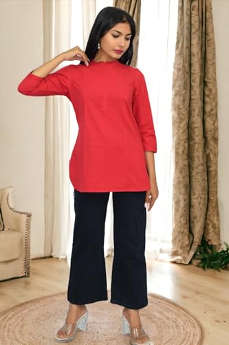 Image of JAIPUR HAND BLOCK Women's Pintuck Plain Short Cotton Kurti|Top STYLE-S91