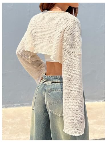 SHENHE Women's Off The Shoulder Cropped Sweater Lightweight Bell Sleeve Fall Knit Top Pullover2