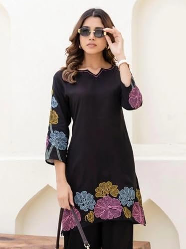Image of Asmeriyo Women Embroidered Co Ord Set with Side Pocket | Women 2 Pic Kurta Set I Fancy Kurta Set | Stylish Kurti Outfit | Co-Ordination Wear | Festive and Casual wear (210-A-B-19-02)