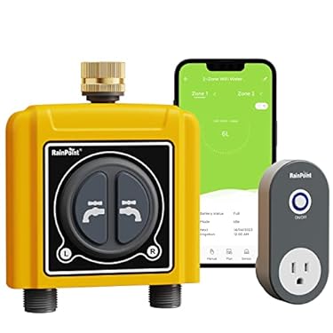 AMAZON - RAINPOINT Sprinkler Timer WiFi Water Timer with Brass Inlet, 2 Outlets Smart Hose Timer,Automatic Irrigation System Controller, APP & Voice Control, Irrigation by Weather/Quantity/Soil Moisture