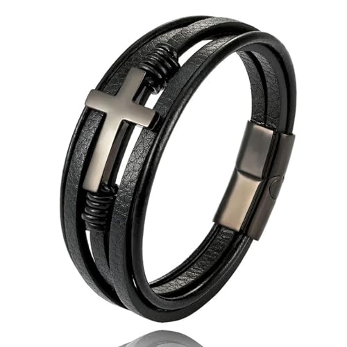 Bracelet homme cuir tressé double croix parfait pour look décontracté ou soirée