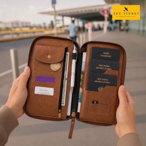 Image of The Junket Personalised Zipper Family Travel Passport Holder Organizer | Holds Up to 3 Passports | Water-Resistant Faux Leather Document Organizer Wallet with Card & SIM Slots, Coin Pocket (Black)