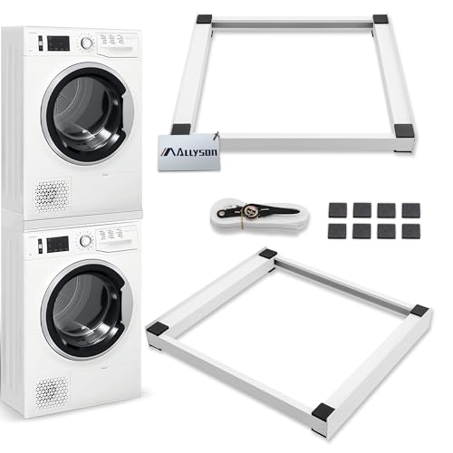 Allyson® Universal Zwischenbaurahmen für Trockner & Waschmaschine - Waschmaschinen Untergestell & Stapelrahmen Set Inkl. Spanngurt & 8 Anti Rutsch Pads, Podest Metall-Verbindungssatz für Bad & Keller