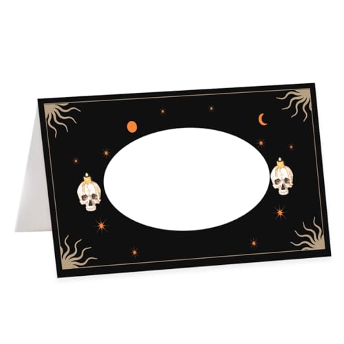 Andaz Press Halloween Name Place Cards for Table Setting, Celestial Moon Blank Food Labels for Party Buffet Cards, Dessert Table Display, Scored Mini Signs Food Display, 24 Pack 2 x 3.5