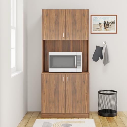 Image of VIKI Furniture | Kitchen Cabinet - 5 Tier Unit with Doors & Open Shelves, Organizer for Kitchen, Bedroom, Hallway & Living Room (Brussel Walnut - 40D x 80W x 180H cm) | 1 Year Warranty