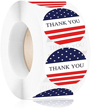 Thank You Round Stickers 1" 4th of July Red White Blue Patriotic Labels Roll 500 Pcs Kids Girls Gift Independence Day USA Flag Small Business Package Bag Envelope Scrapbook Decor Fourth Party Favors