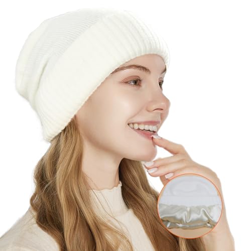 Cashmere Blend Satin Lined Beanie Hat Wool Winter Hats for Women Men Cuffed Hat Silk Lining Slouchy Beanie Women Knit Hat (Snow White)