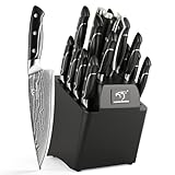 18 Pieces Damascus Kitchen Knife Set, 8 Piece Steak Knives, Non-slip ABS Ergonomic Triple Rivet Handle for Meat Fork, Knife Sharpener and Shears, 17 Slots Wooden Knife Block
